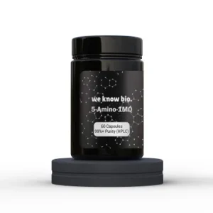 Black supplement bottle labeled 'we know bio. 5-Amino-1MQ' on a dark circular platform, with text '60 Capsules' and '99%+ Purity (HPLC)' on the label.
