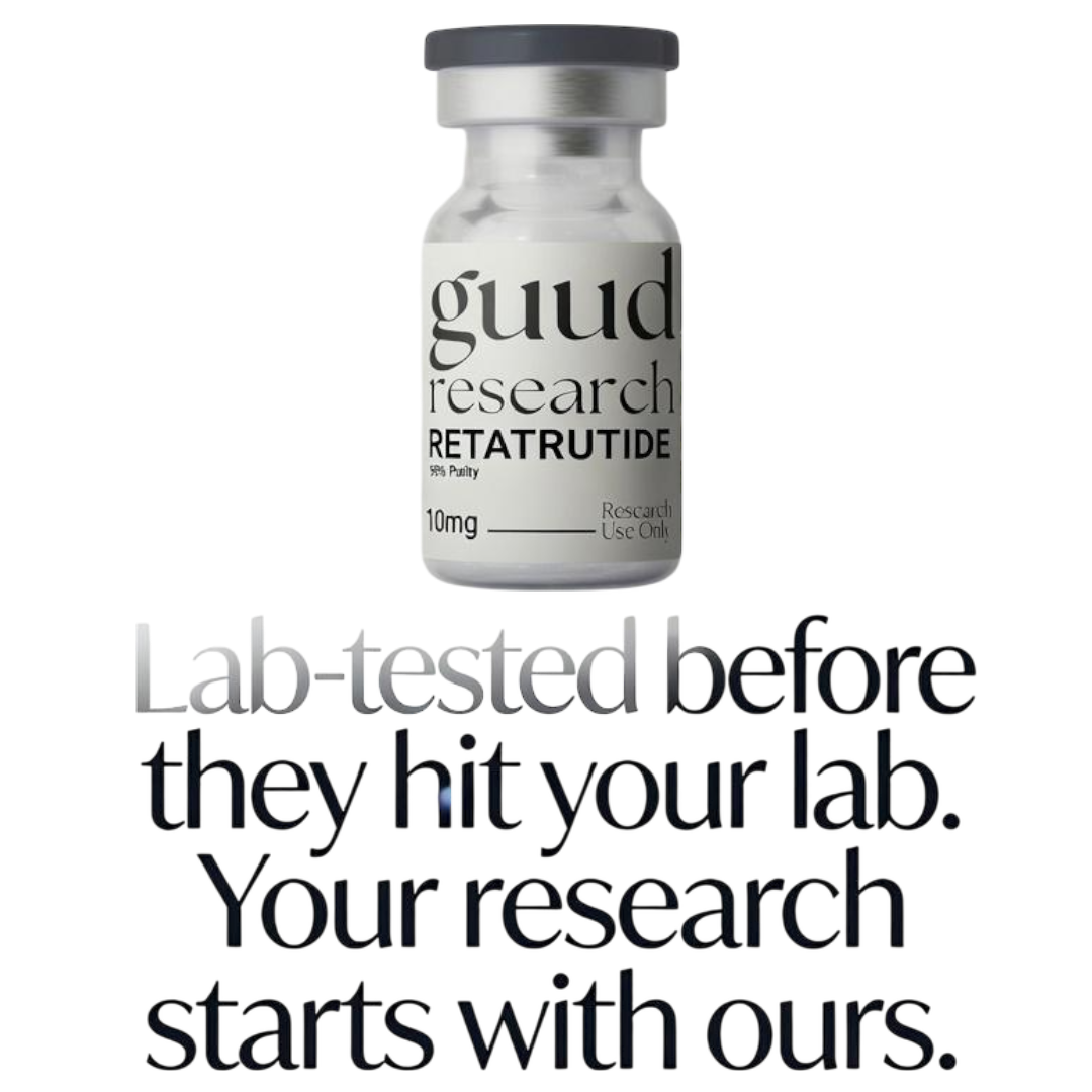 Small glass bottle with a gray cap labeled 'guud research RETATRUTIDE' beside the slogan 'Lab-tested before they hit your lab. Your research starts with ours.'